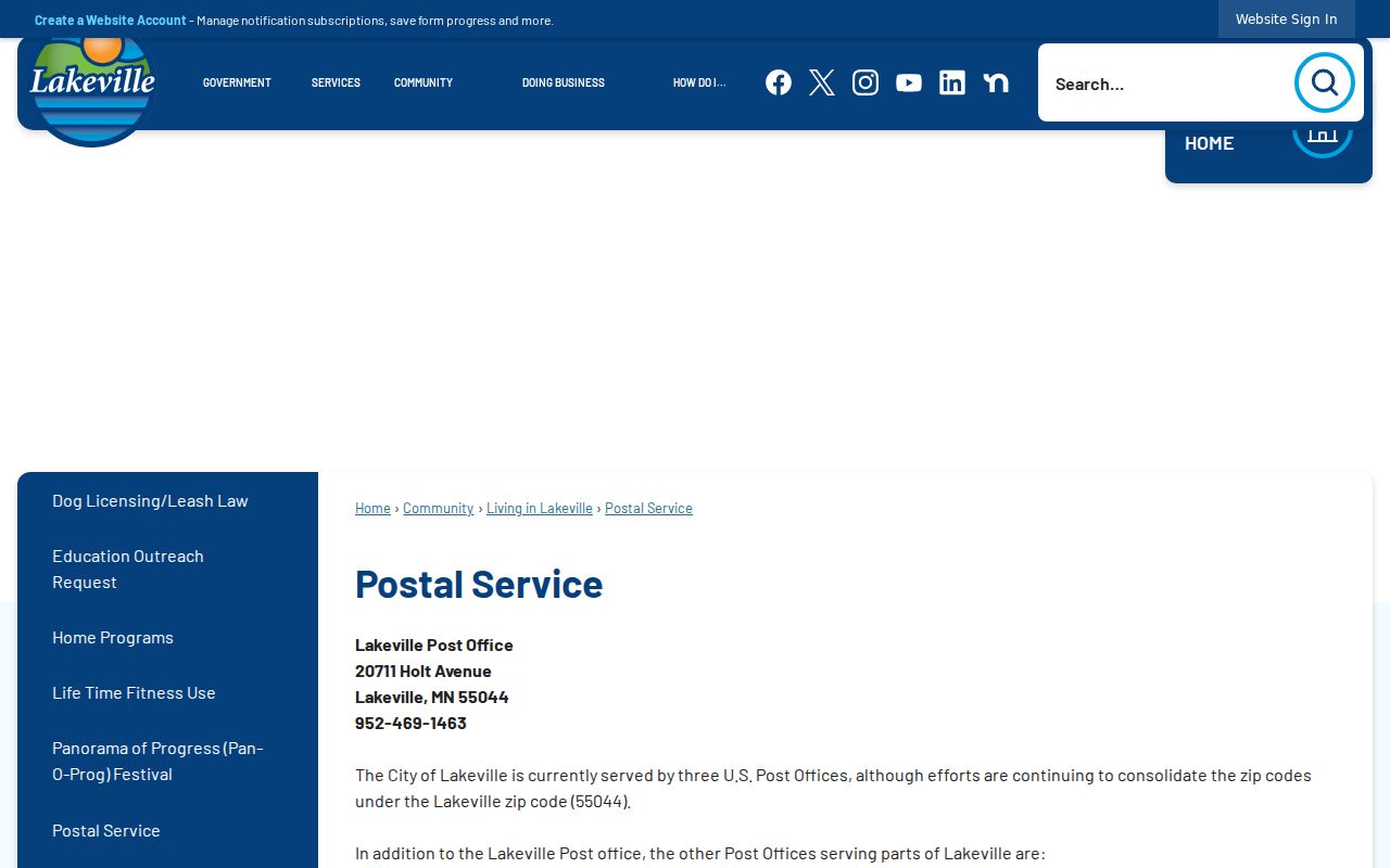 Lakeville ZIP directory postal service areas